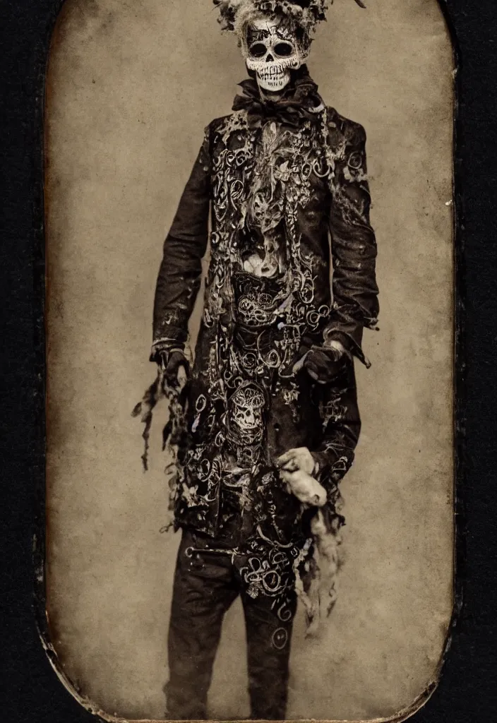 Prompt: tintype full body view, man in dia de muertos suit and make up, horrific beautiful vibe, evocative, atmospheric lighting, painted, intricate, highly detailed,