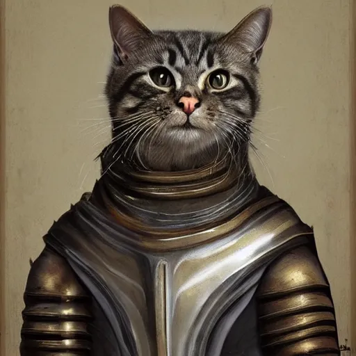 Prompt: renaissance portrait painting of a cat in a suit of armor, artstation, highly detailed