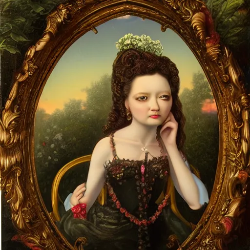 Prompt: a beautiful detailed portrait painting by Mark Ryden of the crazy noble in a serene landscape, rococo