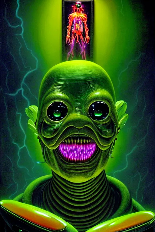 Image similar to a hyperrealistic painting of an electricity creature specter in the mansions lobby, cinematic horror by chris cunningham, lisa frank, richard corben, highly detailed, vivid color,