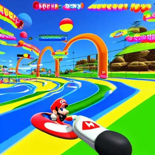 Prompt: A Mario Kart Double Dash Custom Track on princess peach beach volleyball course. gamecube graphics.