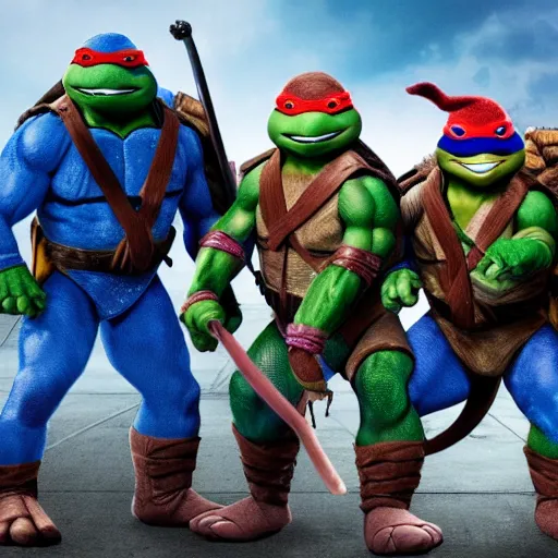 Prompt: Teenage Mutant Ninja Turtles sold at a pet store to different kids, cartoon, movie still, sad, uhd