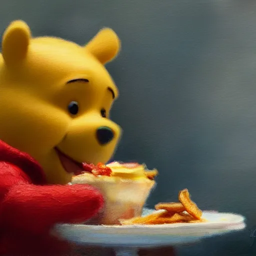 Image similar to close up of winnie the pooh eating bacon sandwich, cinematographic shot, by daniel f. gerhartz