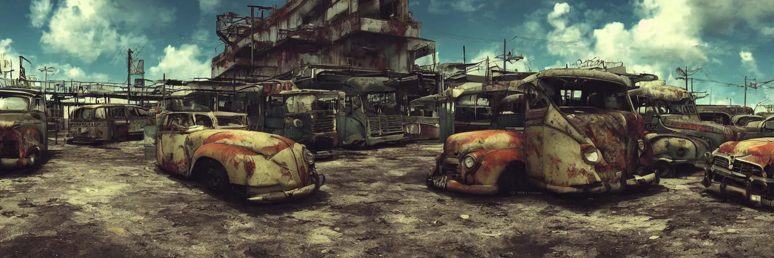 Prompt: fallout 5 : miami, outdoors ruined tropical city airport, rusted retro futuristic vintage styled parked cars, buses, trucks, atmospheric lighting, painted, intricate, volumetric lighting, summer, sunny weather, few clouds, sharp focus, deep colours, ultra detailed, by leesha hannigan, ross tran, thierry doizon, kai carpenter, ignacio fernandez rios