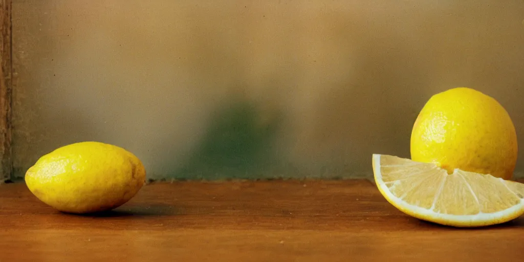 Prompt: 1980s magazine photo of a sliced lemon, next to a window with dappled natural light, smoky