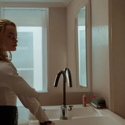 Image similar to still of margot robbie, morning routine in american psycho