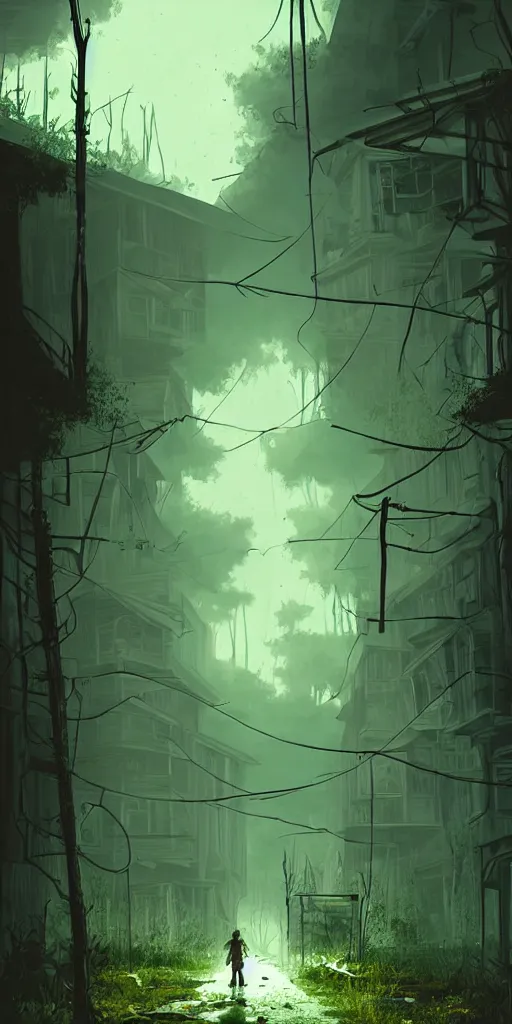 Image similar to abandoned apocalyptic old alley with a kid at the centre, trees background, epic green sunlight, perfect lightning, illustration by niko delort,