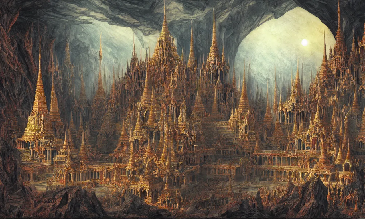 Prompt: A Spectacular IMAX View of the Grand Palace of the Kings of Hell, art by Gustav Dorê and Marc Simonetti and Giovanni Paolo Panini