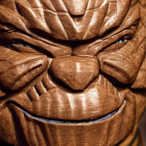 Image similar to a closeup photorealistic photograph of ben grimm's face on a tiki mug at trader vic's restaurant. fantastic four. tiki culture. bright scene. fine detail. this 4 k hd image is trending on artstation, featured on behance, well - rendered, extra crisp, features intricate detail, epic composition and the style of unreal engine.