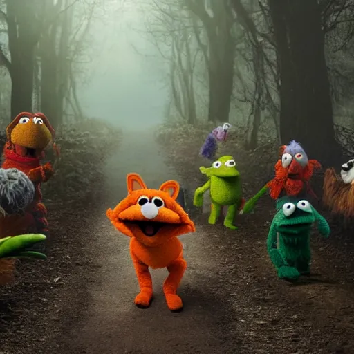 Image similar to a fox muppet wearing a hooded cloak herding a bunch of random muppet animals following behind through a dark forest, sesame street, photograph, photography, ultrarealistic, national geographic