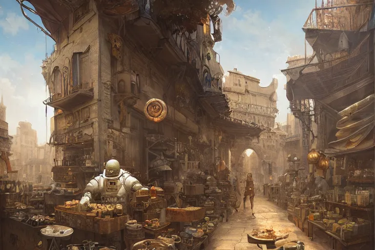 Prompt: a time traveller astronaut shopping at ancient renaissance florence street vendors, rule of thirds, serene, nvidia, by wlop, peter mohrbacher, james jean, jakub rebelka, visually stunning, beautiful, masterpiece