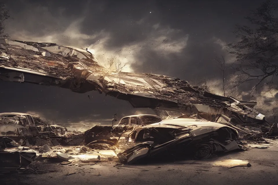 Image similar to road wreckage floating in space, dark cinematic, volumetric, realistic, 3 d render, realistic render, cinematic lighting, volumetric lighting, atmospheric, cinematic, unreal engine 5, unreal engine render, octane render, hd, photorealism, hyper realistic, 8 k