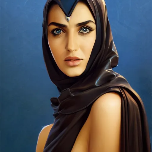 Image similar to Arab Ameera Al taweel, blue eyes, leather, oil colors, elegant, sharp focus, beautiful face, Hyper-realistic, Highly Detailed, HD, Dramatic Lighting by Brom, by beeple, studio ghibli, wallpaper, highly detailed, trending on artstation