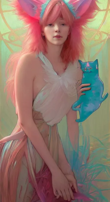 Image similar to Portrait of Youppi as a shiny pink and cyan legendary pokémon. Beautiful digital art by Greg Rutkowski and Alphonse Mucha. Cat ears