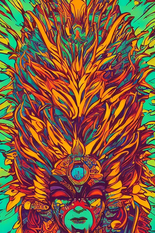 Image similar to animal mask totem tribal feather gemstone plant wood rock shaman vodoo video game vector illustration vivid multicolor borderlands comics by josan gonzales and dan mumford radiating a glowing aura