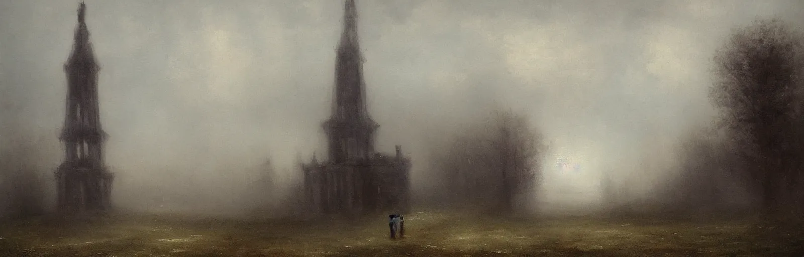 Prompt: a tower in the mist,painting,romanticism