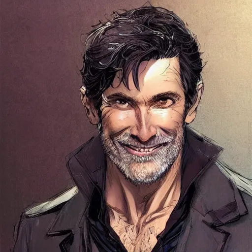 Image similar to portrait of a treasure hunter, grizzled man smiling brightly in his 5 0 s with dark hair and sharp cheekbones, dressed in expensive clothes, detailed face, smooth, sharp focus, graphic novel, art by artgerm and greg rutkowski and pepe larraz,