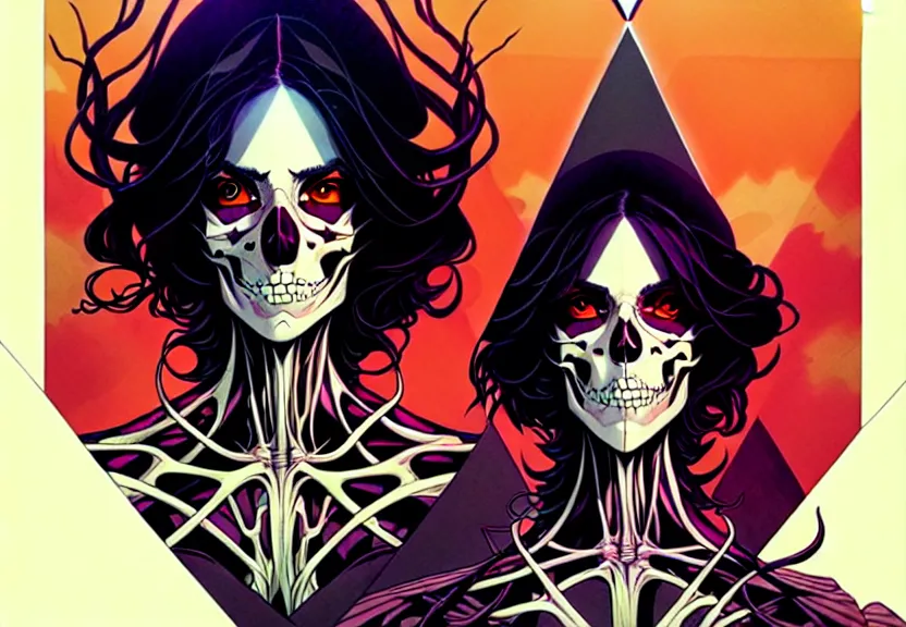 Image similar to artgerm, joshua middleton comic cover art, psychedelic triangular skeletal calcification fungus lich, full body, symmetrical eyes, symmetrical face, long curly black hair, on a pirate ship background, warm colors