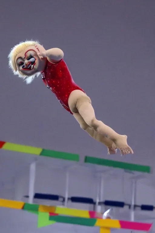 Image similar to screaming chucky doll performing high dive at olympics