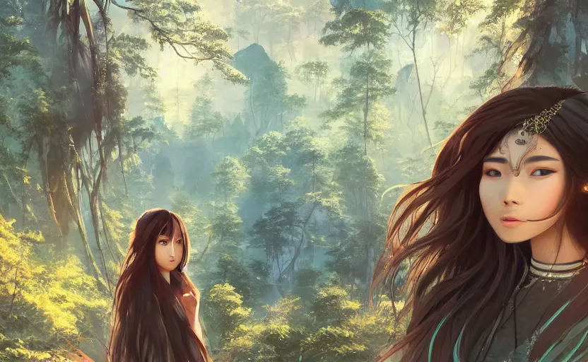 Prompt: beautiful Himalayan woman, sci-fi tibetan fashion, brown very very long hair, somber, scene of a summer forest with glowing blue lilies, dramatic light, wide angle, , dramatic angle , 8k hdr pixiv by Makoto Shinkai and Wojtek Fus, rossdraws, ambient occlusion