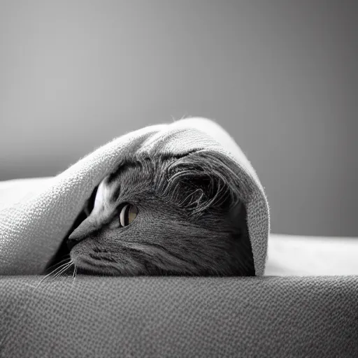 Image similar to a sadcat laying under a blanket, canon eos r 3, f / 1. 4, iso 2 0 0, 1 / 1 6 0 s, 8 k, raw, unedited, symmetrical balance, in - frame