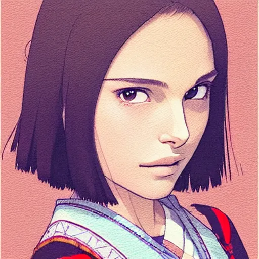 Image similar to a beautiful! boyish! natalie portman alluring gravure! model, wearing japanese school girl outfit with mayan pattern and native style, aztec street fashion, gapmoe yandere grimdark, trending on pixiv fanbox, painted by greg rutkowski makoto shinkai takashi takeuchi studio ghibli, akihiko yoshida