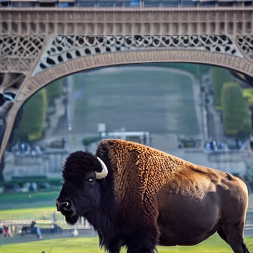 Prompt: photo of a bison on the background of the Eiffel Tower, 50mm, beautiful photo