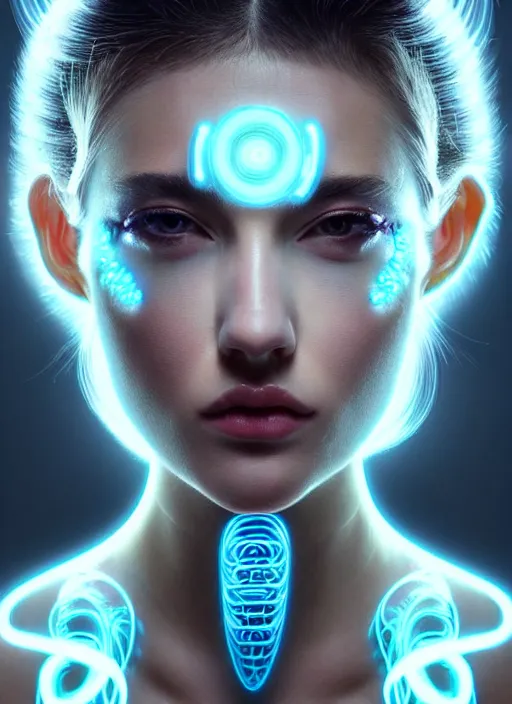 Image similar to a highly detailed long shot photo of very intricate female face portrait, futurism, rococo cyber neon lighting, detailed futuristic fibonacci jewelry, profile posing, hyper photorealistic, crispy quality, digital photography, trending in pinterest, cinematic, 4 k ultra hd, art by pascal blanche, art by greg rutkowski, art by artgerm,