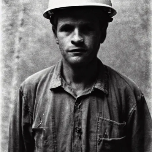 Image similar to portrait of coal mine worker by Diane Arbus, 50mm, bokeh