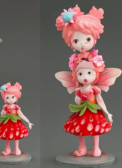 Prompt: a wholesome femo figurine of a cute funny strawberry fairy with freckles wearing a frilly floral strawberry dress featured on silent hill by studio ghibly and disney made of strawberry jam jar, pastels, wide angle, dynamic dancing pose, 🎀 🍓 🧚