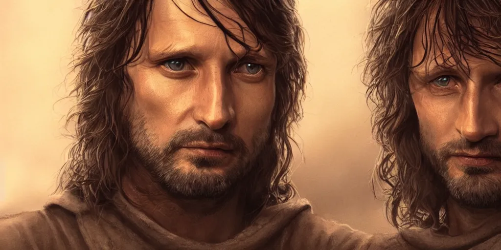 Image similar to Aragorn portrait, golden hour, rim lighting, detailed matte painting, cinematic, Alan Lee, Artstation