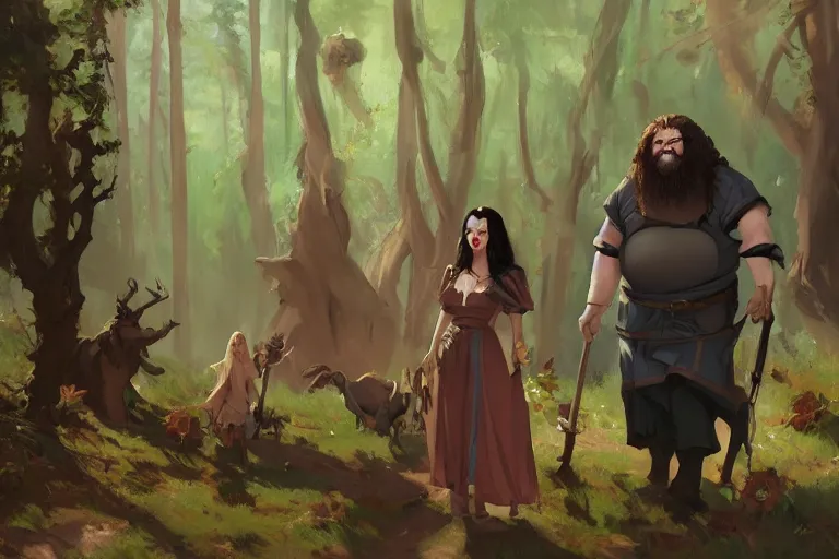 Prompt: hagrid the viking and gothic medieval morticia addams walking in enchanted forest in a sunny day, jodhpurs greg manchess painting by sargent and leyendecker, studio ghibli fantasy medium shot asymmetrical intricate elegant matte painting illustration hearthstone, by greg rutkowski by greg tocchini by james gilleard