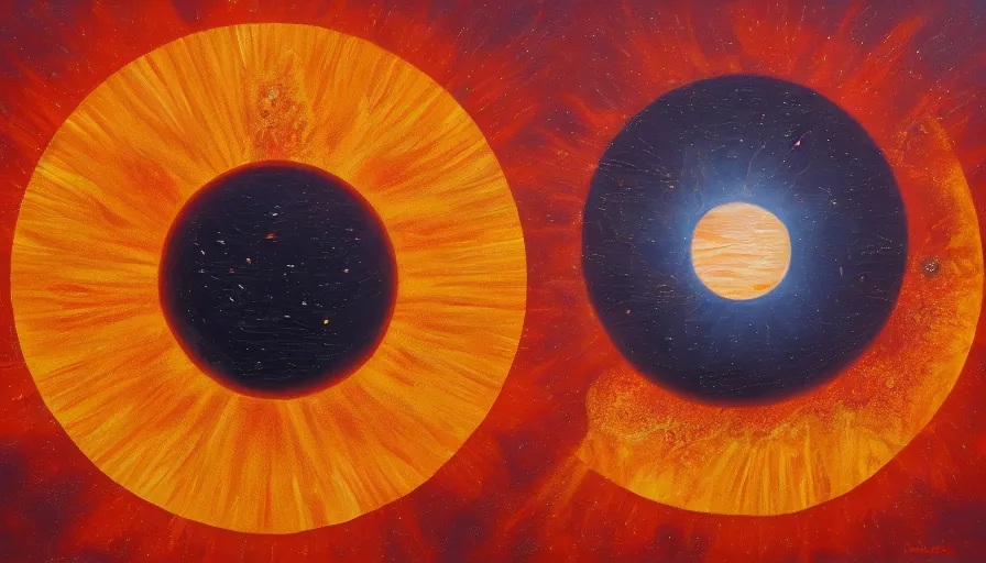 Image similar to the sun seen from earth with a hexagonal shield in between, oil painting