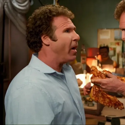 Image similar to scene from a movie that looks like a drama but it's a laugh hard comedy, will ferrell becoming addicted to spicy chicken wings, shot by darren aronofsky, 4 k