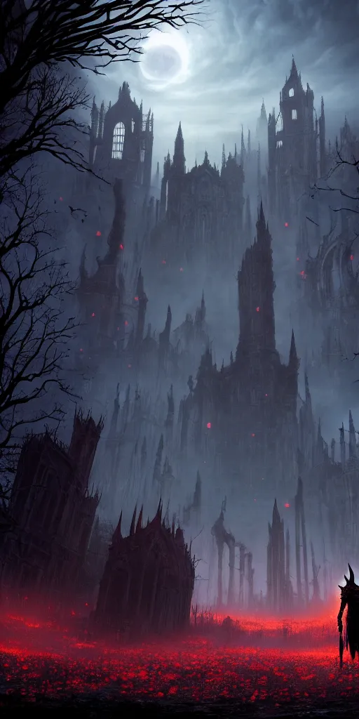 Image similar to abandoned bloodborne old valley with a obscure person at the centre and a ruined gothic city in the background, trees and stars in the background, falling red petals, epic red - orange moonlight, perfect lightning, wallpaper illustration by niko delort and kentaro miura, 4 k, ultra realistic