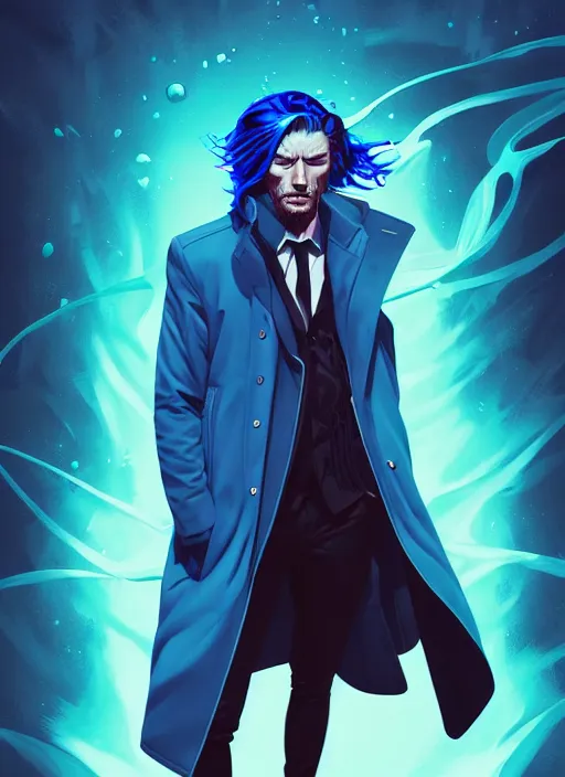 Prompt: style artgerm, joshua middleton, clint eastwood green pelt overcoat, blue hair, swirling water cosmos, cyberpunk, cinematic lighting