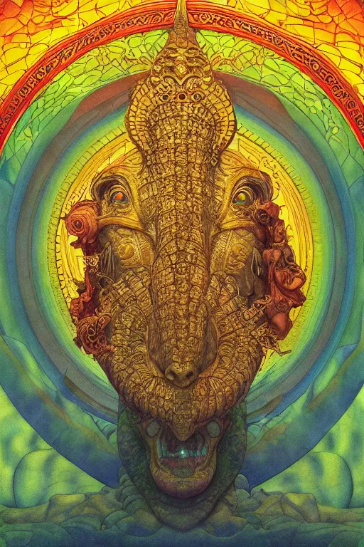 Prompt: beautiful crocodile headed god by maxfield parrish, mandala, coherent design, symmetrical, vivid colors, digital watercolor ink illustration painting, complementary color, golden ratio, detailed, sharp lines, sharp focus, intricate, rainbowshift, artgerm, gustave dore, alphonse mucha, octane render