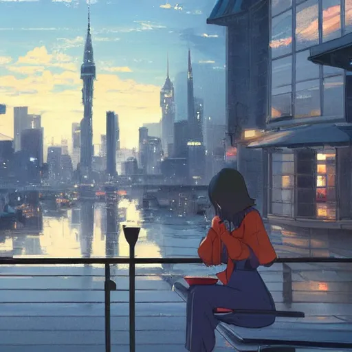 Image similar to a masterpiece detailed beautiful cityscape, early hour morning, a girl drinking coffee with mobile on the table, by Makoto Shinkai