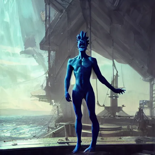 Image similar to a dramatic portrait of a triton warlock, blue skin, sharklike person, standing on a ship deck by Greg Rutkowski, ultra realistic, photorealistic 8k, cinematic lighting, HD, high detail, atmospheric, trending on artstation