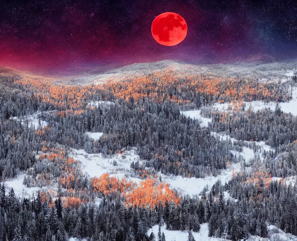 Prompt: A heavily-forested valley surrounded by snow-capped mountains, nighttime, orange moon, red nebula, no clouds, sci-fi, photorealistic, landscape