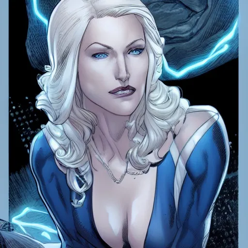 Prompt: Portrait of Emma Frost, a beautiful woman in her 30s, with white blonde hair and blue eyes, symmetrical face, detailed features, delicate features, teasing smirk, artstation, graphic novel, art by Ardian Syaf and Pepe Larraz,