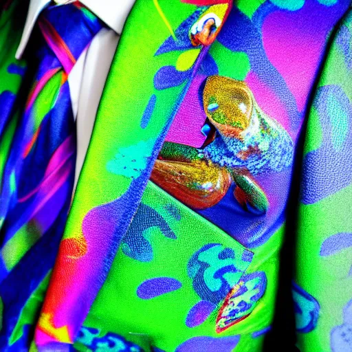 Image similar to frog rave pin on a suit jacket, psychedelic colours beautiful reflections