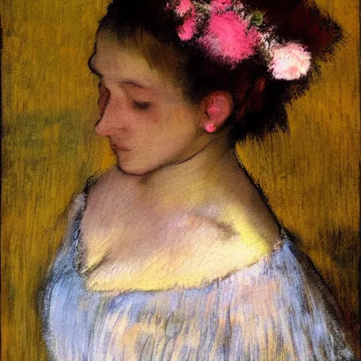 Image similar to Woman , in flowers on her face, Edgar Degas style