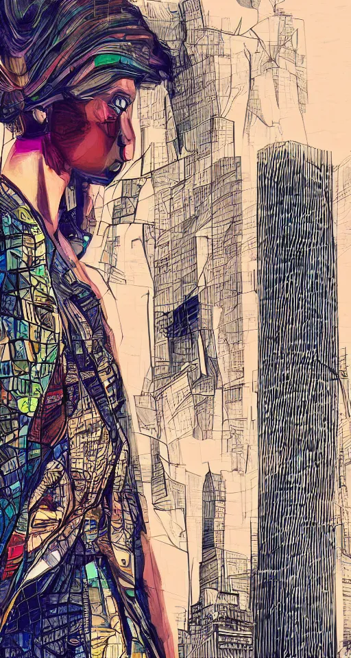 Prompt: cypherpunk fashion illustration, camera face, city street background with high tall buildings, central park, abstract portrait highly detailed, finely detailed, shadows realism