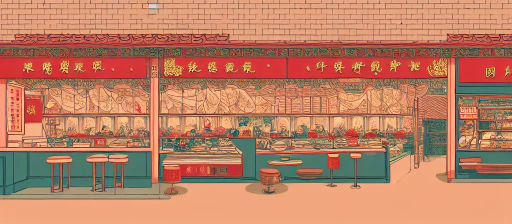 Image similar to a beautiful simple 4 k hd wallpaper illustration of interior view display of the corner of roasted string hotpot shop, simple style, from china, with merchant logo, simple structure, surrealistic, chinese style, victo ngai, james jean, denoise, deblurring