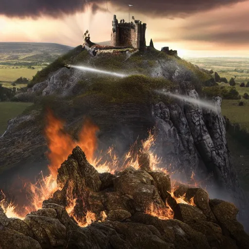 Image similar to a knight going to jump to get on dragons back as fire inflames the ground beneath him, with castle in distance, stormy, raining, 4 k, hd, realistic