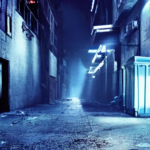 Prompt: a cinematic frame of a dead end alleyway in a futuristic dystopian city, night time, littered with garbage, cold blue lighting, shot by roger deakins, brutalist architecture, damp, cityscape, vanishing point perspective, roger deakins, cinematography, chris nolan movie