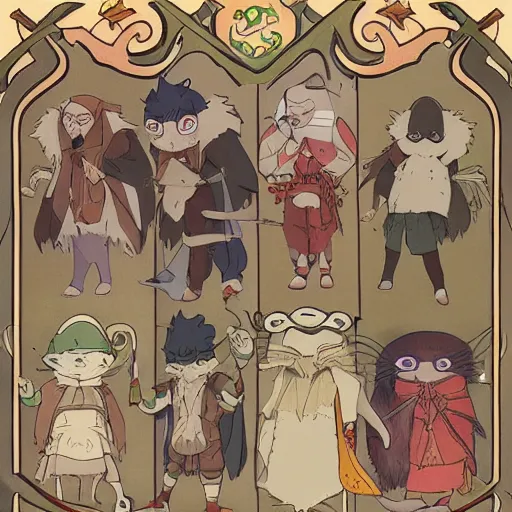 Image similar to anthropomorphic minks dressed as humans playing D&D, cartoon style, studio ghibli, mucha