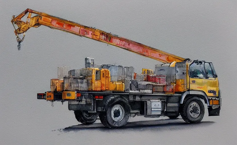 Image similar to concept art of a crane truck, pinterest, artstation trending, behance, watercolor, by coby whitmore, silver, laser light,