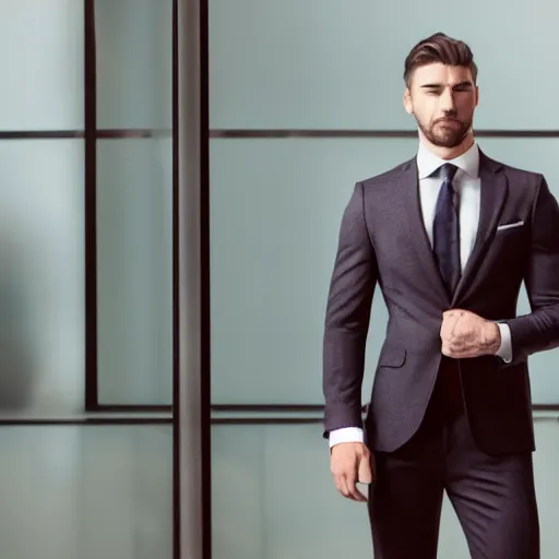 Image similar to muscular, handsome man wearing a suit and looking away from the camera